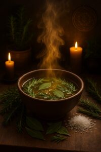 Ilustração espiritual de um banho de ervas com alecrim, lavanda, camomila e louro em uma tigela, cercado por cristais e símbolos astrológicos, com a marca d’água Essência Natural.
