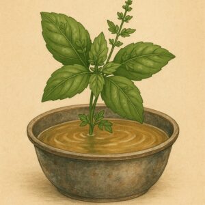 Ilustração de um banho de manjericão em uma bacia rústica com água morna e folhas frescas de manjericão, representando um ritual natural de prosperidade e abertura de caminhos.