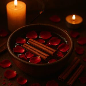 Fotografia de uma infusão ritualística com canela, pétalas de rosa e água morna, evocando sensualidade, amor-próprio e o poder espiritual da paixão.