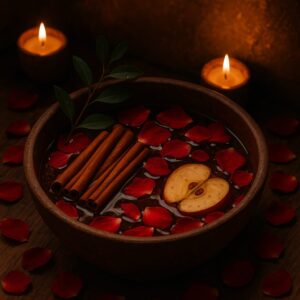 Fotografia de uma tigela rústica com paus de canela em infusão, representando um banho energético voltado à sedução, magnetismo pessoal e empoderamento.