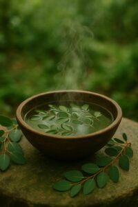 Fotografia de uma tigela de madeira com folhas frescas de eucalipto e água morna, representando um ritual de banho energético para renovação e vitalidade.