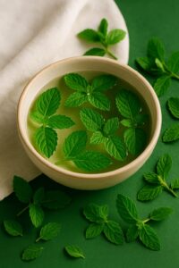 Fotografia de uma tigela de cerâmica com folhas frescas de hortelã em infusão, representando um banho natural para renovar a energia, refrescar o corpo e ativar a disposição.