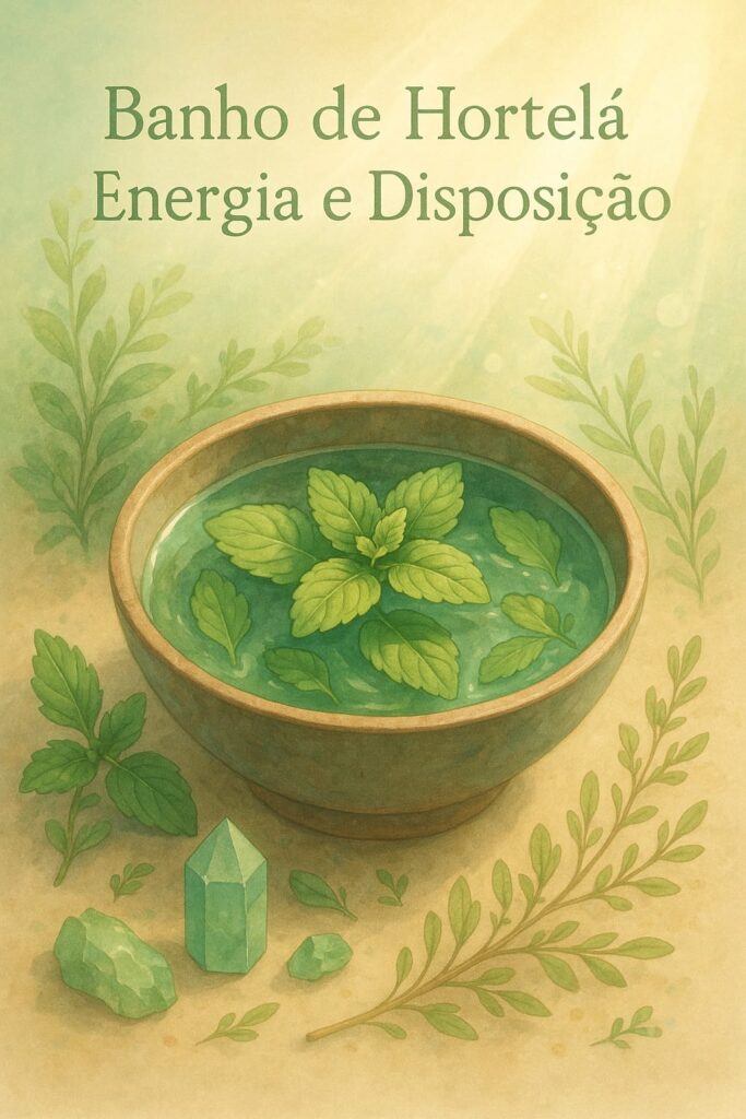 Ilustração digital vista de cima com a inscrição “Banho de Hortelã para Energia e Disposição”, mostrando uma infusão verde vibrante, folhas de hortelã e atmosfera leve e revitalizante.