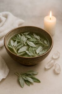 Fotografia de um cenário ritualístico com folhas de sálvia branca seca, tigela de cerâmica e vela acesa, representando um banho espiritual de purificação e limpeza energética profunda.